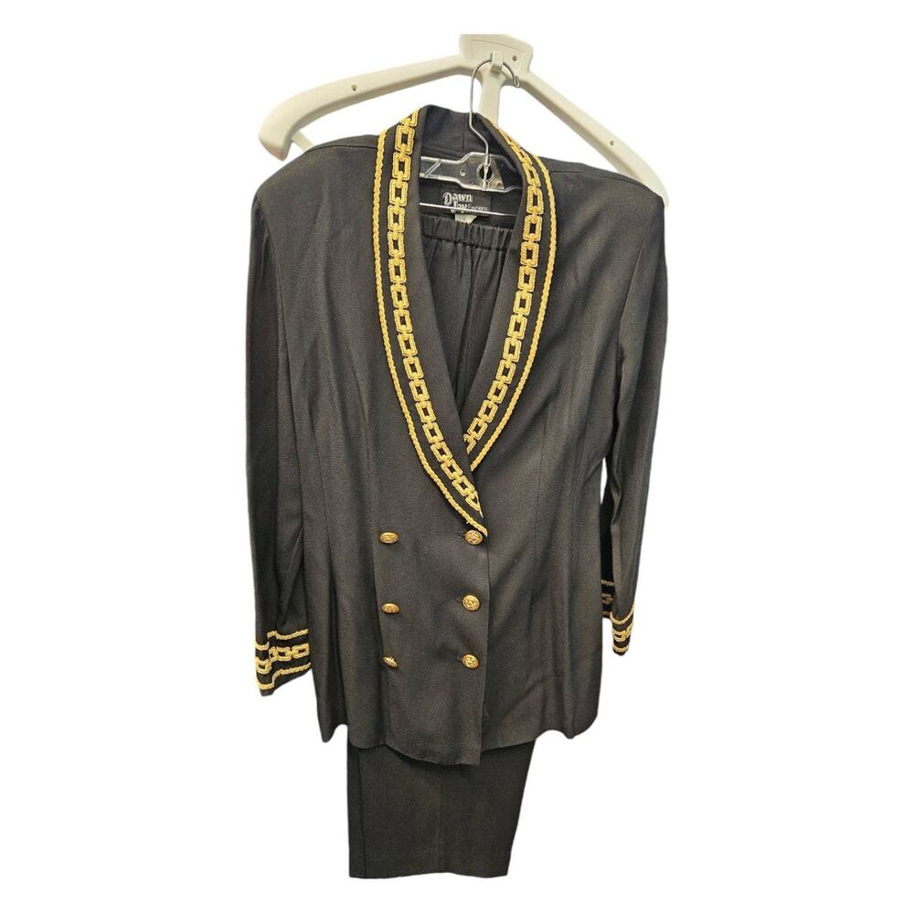 Dawn Joy Black Pants Suit Womens Small Vintage 80's Gold Trim - Picture 1 of 8